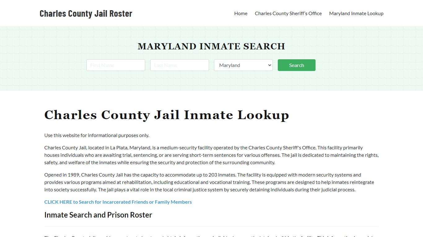 Charles County Jail Roster Lookup, MD, Inmate Search